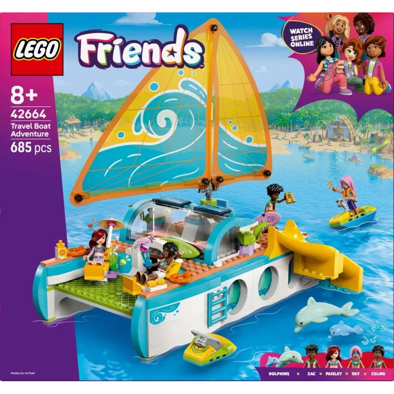 LEGO Friends playset Travel Boat Adventure 42664 — 685 pieces, 4 mini-dolls, ages 8+, 260×190×320 mm