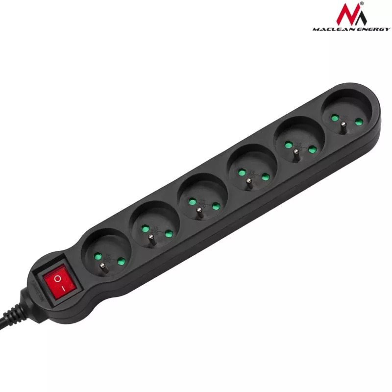Power extension MACLEAN MCE225 — 1.5 m cable, 6 Type F AC outlets, indoor, black
