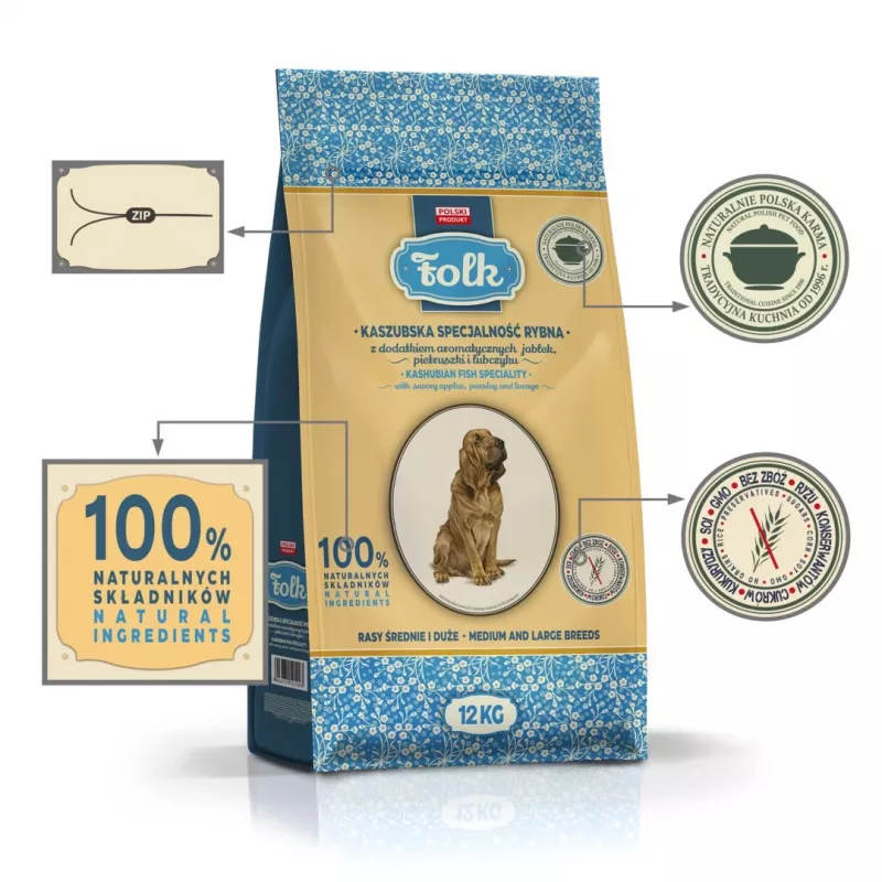 FOLK Medium and large breeds Kashubian-style fish specialty with apples, parsley and lovage - dry dog food - 12kg