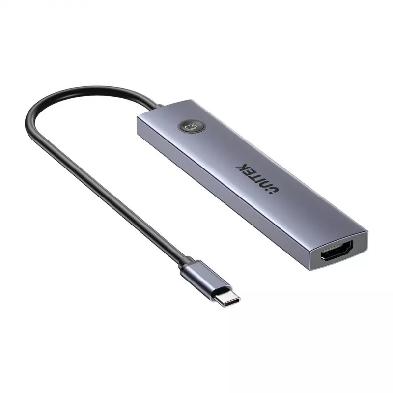 USB-C hub Unitek H1124AGY01 with 100W PD, HDMI 2.0, 2x USB‑A, 2x USB‑C, SD/microSD reader — aluminium