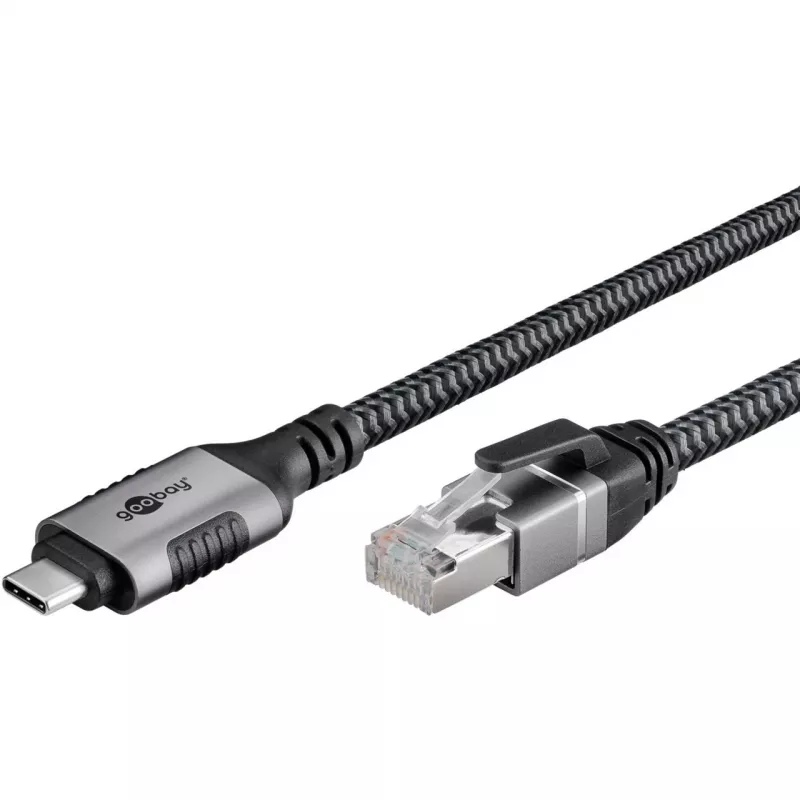 Ethernet-Cable USB-C 3.2 Gen2 Plug > RJ-45 Plug, LAN-Adapter black/Silver, 2 Meter, braided textile jacket