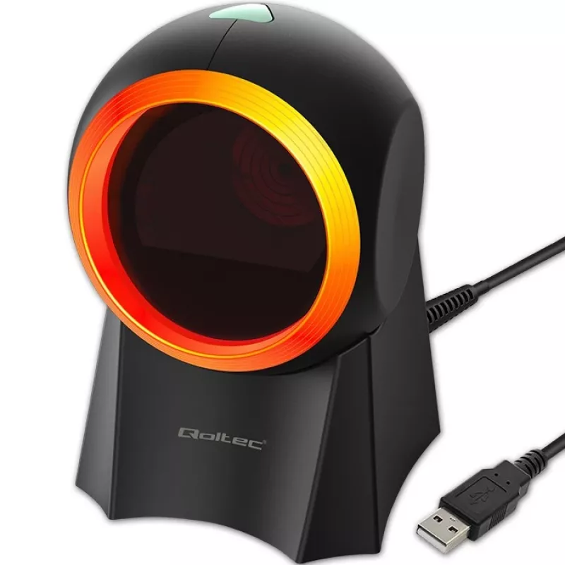 Wired desktop barcode scanner QOLTEC 50857 — 1D/2D, USB, ABS housing, black, 1.75 m cable