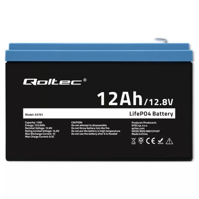 Qoltec LiFePO4 Lithium-Iron-Phosphate Battery 12.8V 12Ah 153.6Wh with BMS