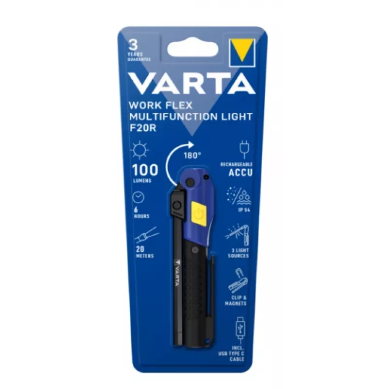 Handheld work light Varta Work Flex Black LED, 100 lm, built‑in battery, 6 h, aluminium/nylon/PC/rubber, 120 mm
