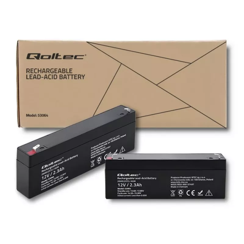 Sealed AGM battery QOLTEC 12V 2.3Ah for UPS and backup systems, max discharge 34.5A