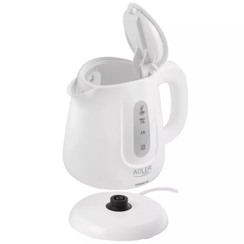 Electric kettle Adler AD 1373 — 1 L capacity, 850 W, white, 360° base, polypropylene