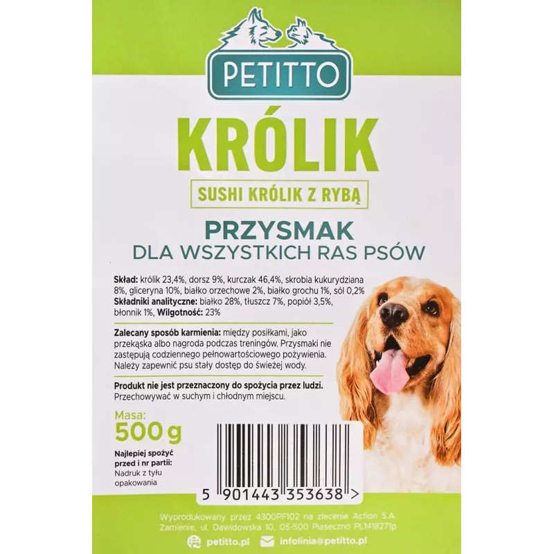Dog training treats PETITTO Sushi rabbit with fish 500 g, protein 28%, fat 7%, moisture 23%