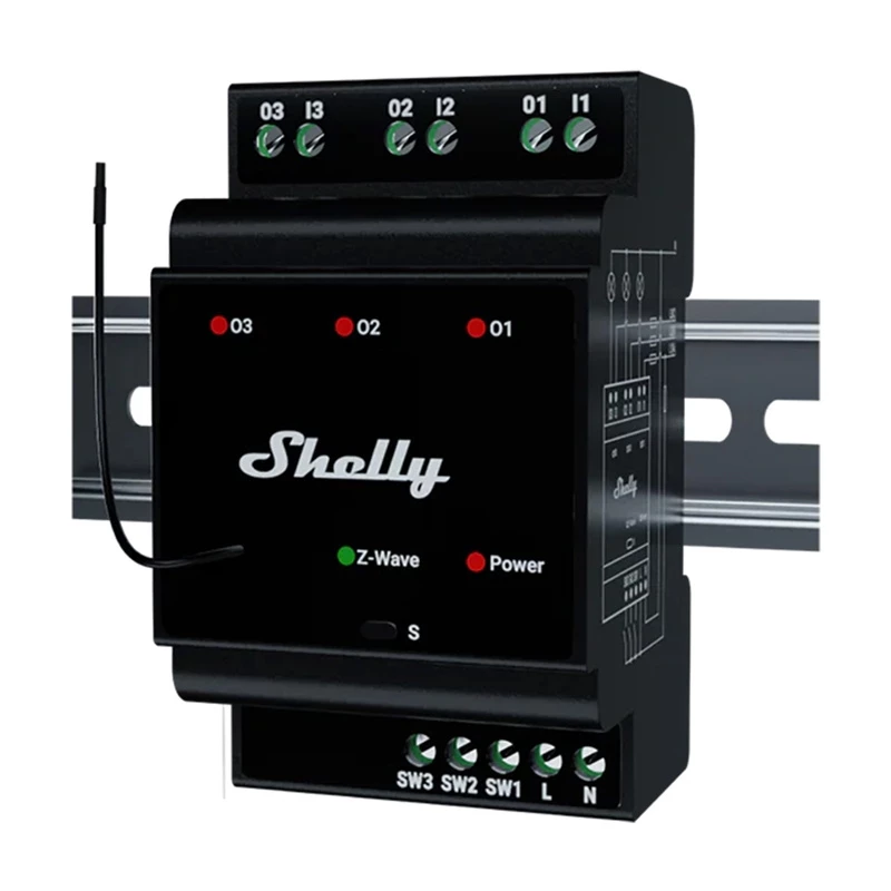 DIN rail smart relay Shelly WavePro3 3-channel Z-Wave, 110–240 V, 25 A per channel, AES-128, DIN mounting