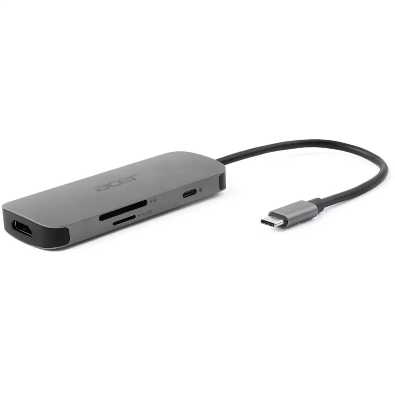 7‑in‑1 USB‑C Dongle Acer — USB 3.2 Gen 1 Type‑C, 3x USB‑A, HDMI, SD/MicroSD, 100W PD, Silver