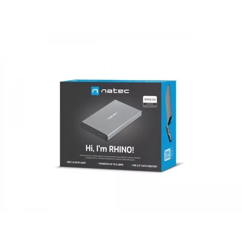 External HDD/SSD enclosure NATEC Rhino GO — 2.5 inch SATA, 9.5 mm, USB 3.0, aluminium, grey, up to 4 TB