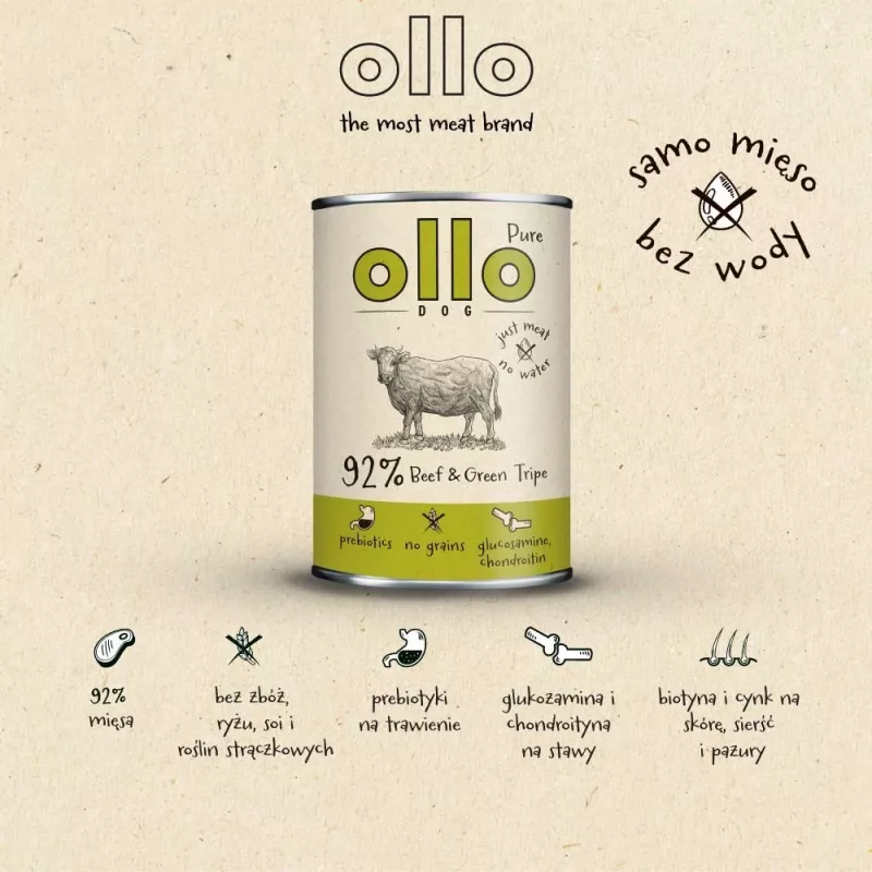 Wet dog food OLLO Pure Beef and Green Tripe 400 g can — adult, protein 14.5%, fat 11.9%, moisture 69%