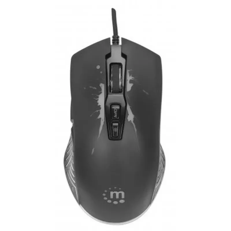 Manhattan Gaming Mouse with LEDs, Wired, Seven Button, Scroll Wheel, 7200dpi, Black with LED lighting, Three Year Warranty