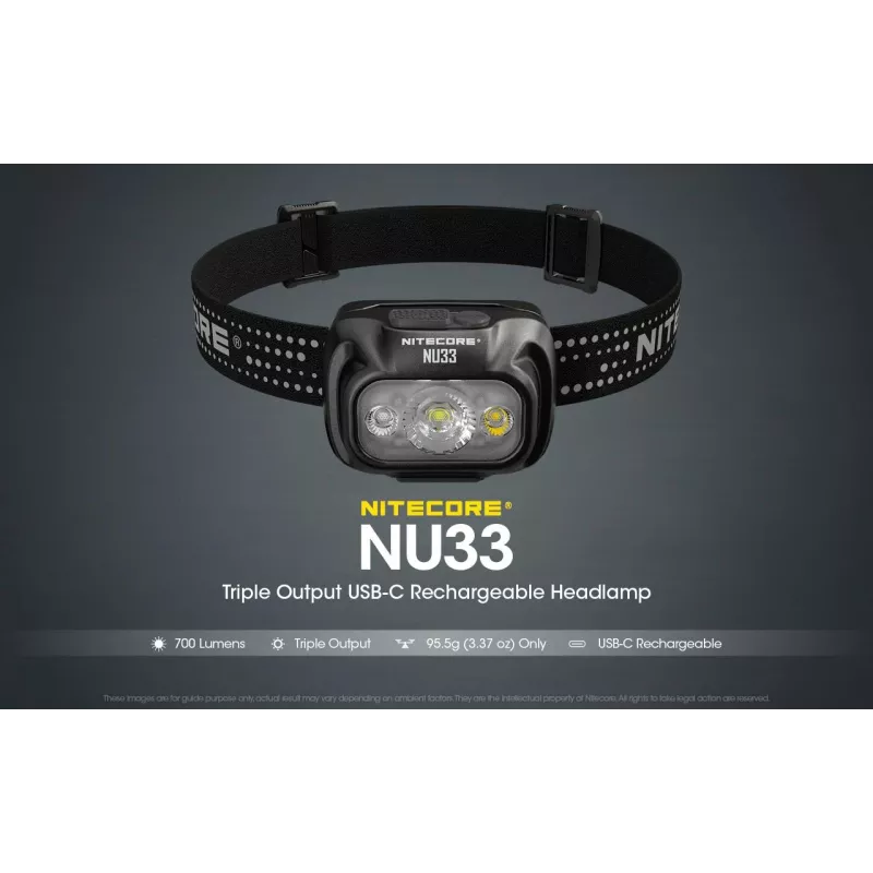 Headband flashlight Nitecore NU33, black, 3 LEDs, 700 lm, aluminum, USB rechargeable, IP66