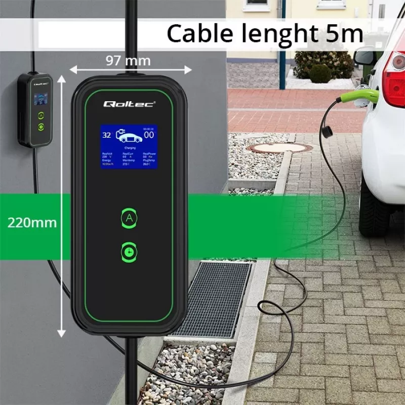 Qoltec Mobile EV Car Charger Adjustable 2in1 Type2 | 7kW | 230V | CEE 3 PIN | Wi-fi| LCD | Portable | Wallbox | 5m