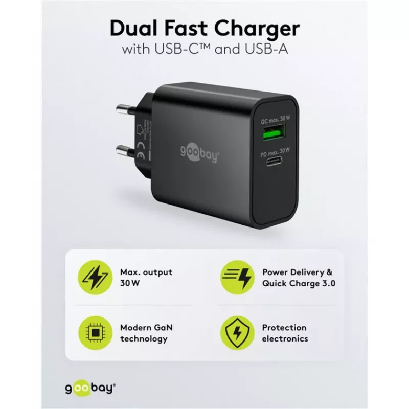 Goobay USB-C PD GaN Dual Fast Charger 30 W black (75335)
