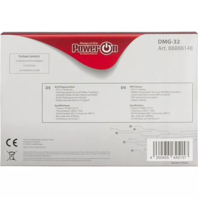 Inter-Tech DMG-32 - Built-In - Wireless - PCI Express - Wi-Fi - 650 Mbit/s - Black - Silver (88888148)
