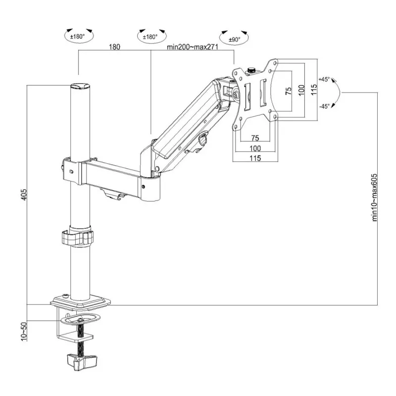 Monitor mount MACLEAN MC-135 gas spring for 17 inch–32 inch screens, load 2–10 kg, black