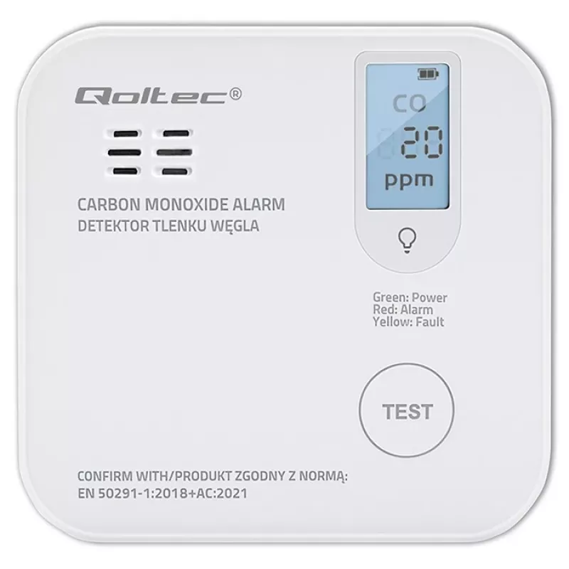 Carbon monoxide sensor QOLTEC 52577 — battery-powered alarm, 85 dB sound level