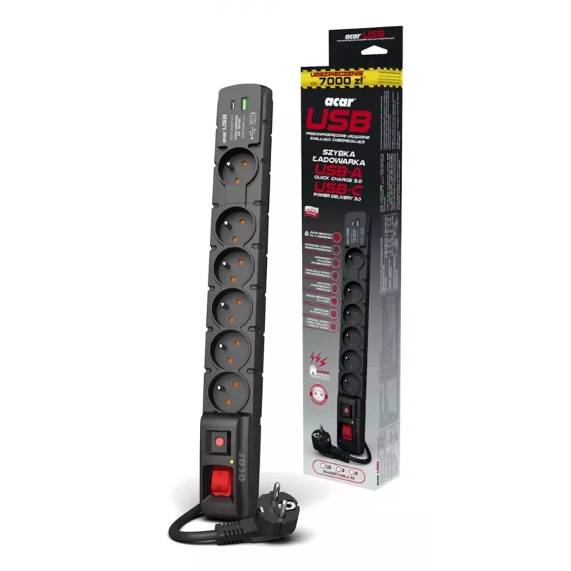 Surge Protector ACAR W2436 Black 6 AC Outlet 230V 1.5m