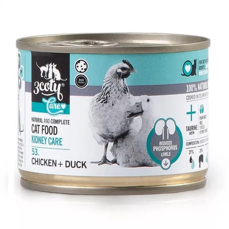 Wet cat food 3coty 53 Chicken Duck Kidney Care 180 g can, complete adult diet, protein 17%, fat 7%, moisture 68%