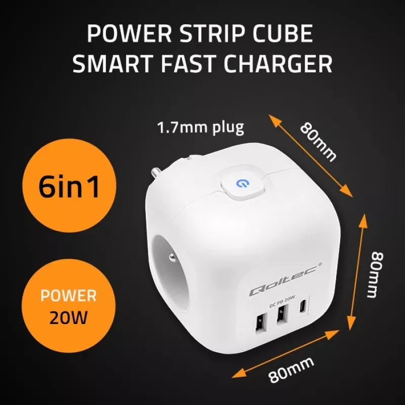 Power strip QOLTEC 52548 with 3×AC sockets and USB port