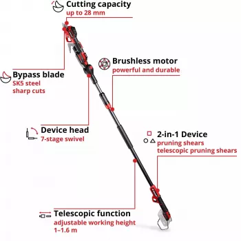 Pruning shears EINHELL GP-LS 18/28 Li T BL-Solo — cordless telescopic bypass pruner, 18 V, cutting capacity 2.8 cm, aluminium handle