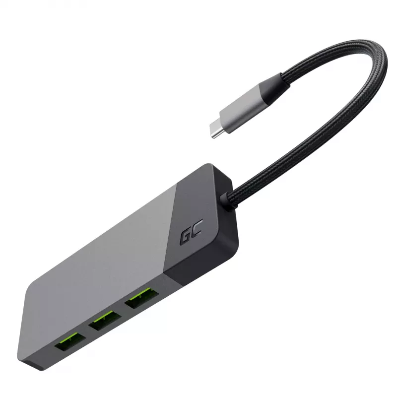 USB Type-C hub Green Cell HUBGC01 — 7 ports: 3×USB-A 3.2 Gen 1, 1×USB-C 3.2 Gen 1, HDMI, microSD+SD card reader — Silver