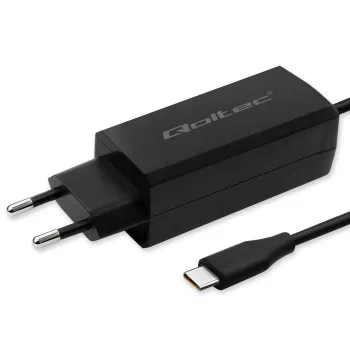 GaN 90W Charger QOLTEC 52420 USB-C PD 5–20V 3A/4.5A output, 220–240V input, 1.8 m cable, black