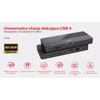 Docking Station UNITEK D1079A USB4 Wired Black 100W Power Delivery