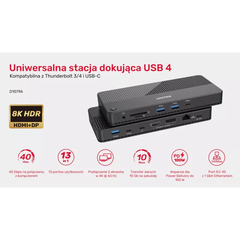 Docking Station UNITEK D1079A USB4 Wired Black 100W Power Delivery