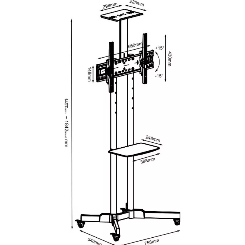 TV trolley stand TB TB-ST1 for TVs up to 75 inch (max 45 kg), VESA 600x400