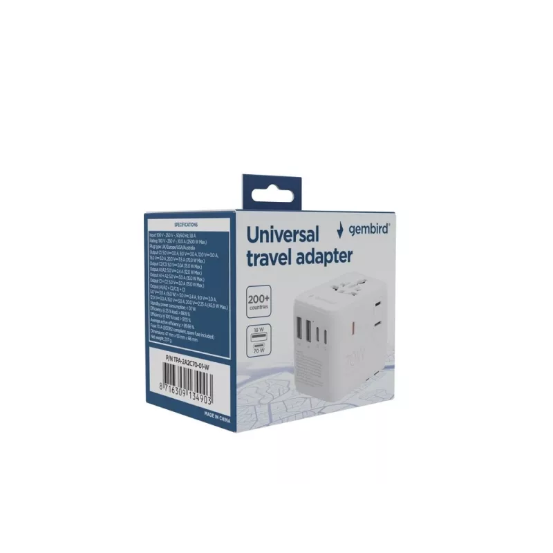 Travel adapter GEMBIRD TPA-2A3C70-01-W — Type I plug, 3× USB-C (70W), 2× USB-A (18W), 100–250V, white