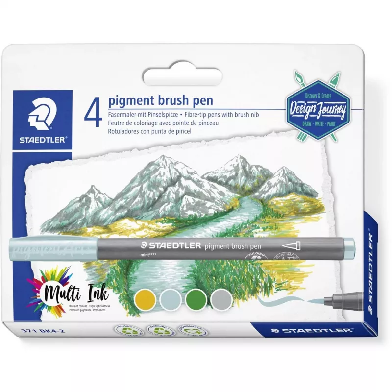 Staedtler Design Journey 371 BK4-2 Pigment Brush Pen Set, Lake Colors, 4 pcs