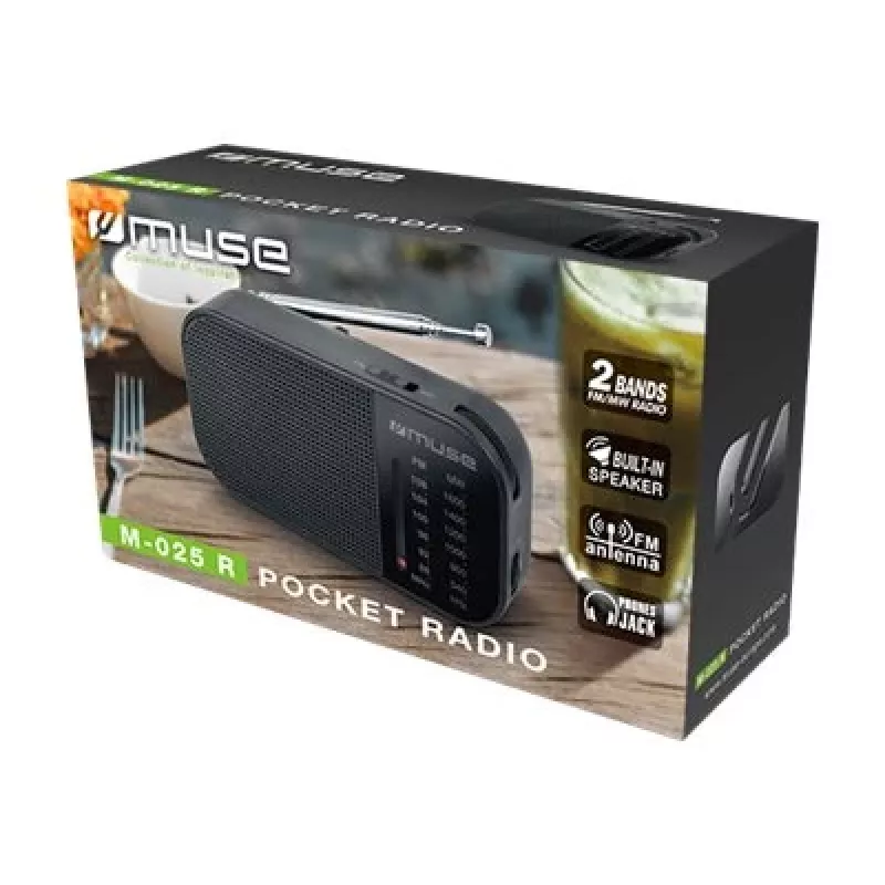 Portable radio Muse M-025 R — MW/FM, black, battery-powered, compact (32×130×70 mm)