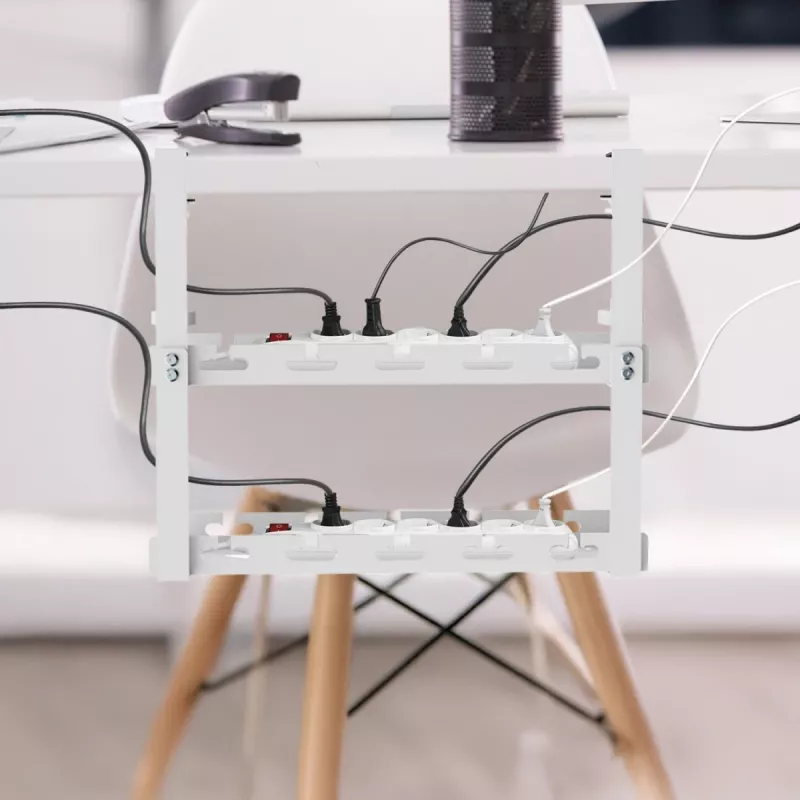 Under-desk cable organizer MACLEAN MC-104 W, 2-level steel tray, white, max load 5 kg, fits desk 0.5–5 cm