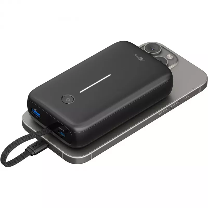 Powerbank 20.000 mAh, integrated USB-C cable 13cm, 30 Watt (black, 20 Ah, 1x USB-A, 2x USB-C, PD, QC)