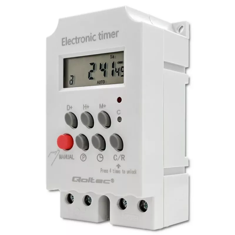 DIN-rail electronic timer QOLTEC PC0629 — 24V supply, 16A output