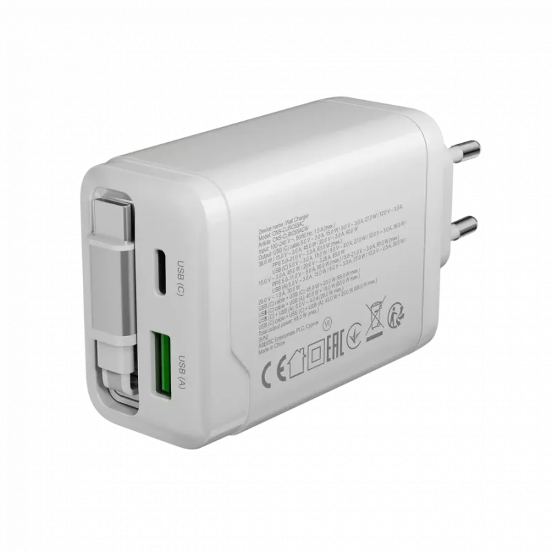 CANYON charger OnCharge 65RC with built-in USB-C cable 65W, 1x PD, 1x QC, EU plug, White