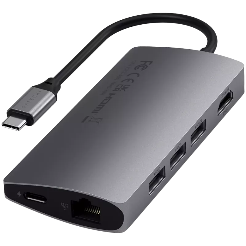 Satechi Aluminium Adapter V2 USB-C (USB-C, 3x USB-A, 4K HDMI, czytnik kart micro/SD, Ethernet) (starlight grey)
