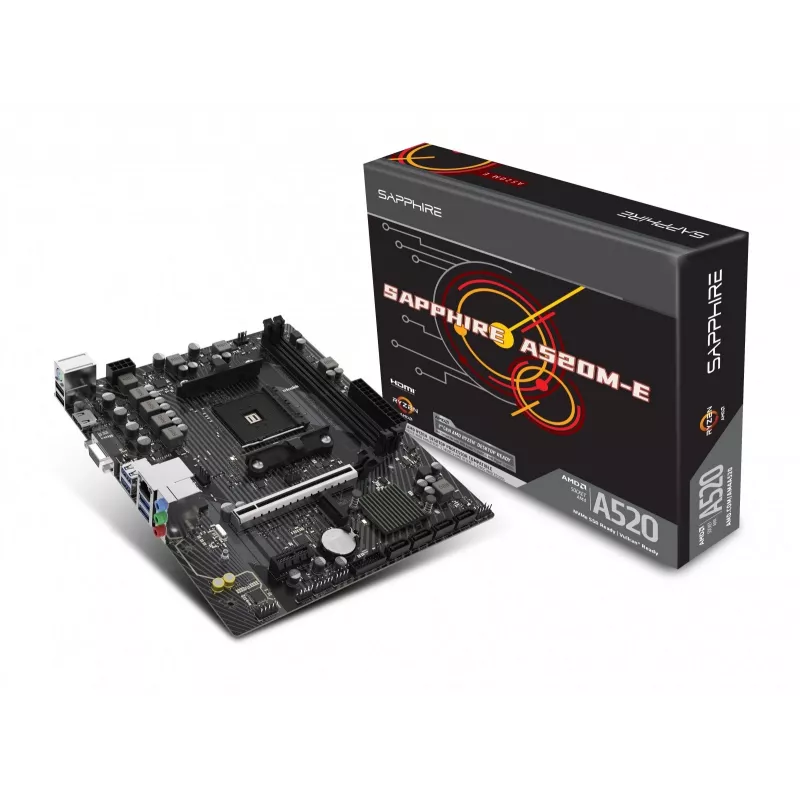 Micro ATX motherboard Sapphire A520M-E for Socket AM4, AMD A520 chipset, 2x DDR4 DIMM, max 64 GB, PCIe 3.0 x16/x1, SATA III, Gigabit LAN