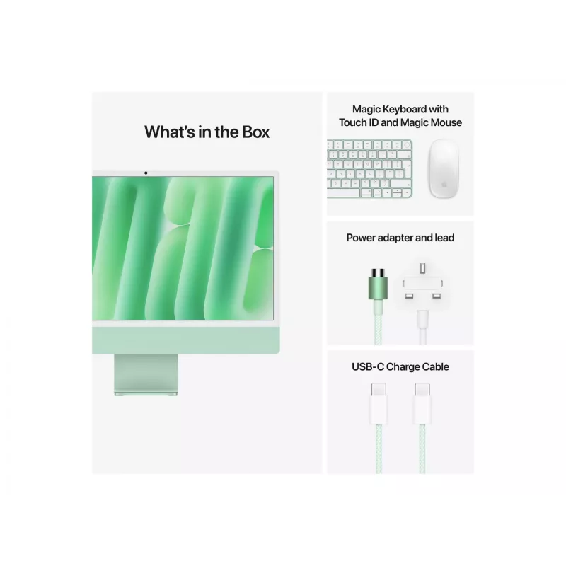 iMac 24 Retina 4.5k Display M4, Green, M4 (10-CPU/10-GPU), 16GB, 512GB, standard glass, Touch ID, German, Gigabit Ethernet, Magic Mouse, MWV03D/A