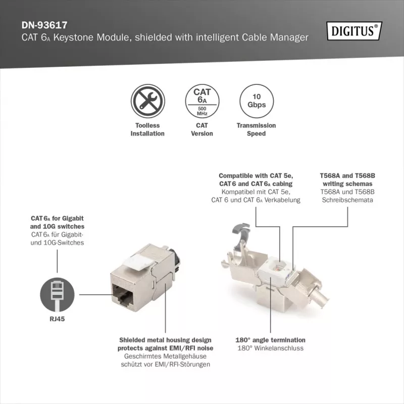Digitus CAT 6A Keystone module, shielded with intelligent cable manager