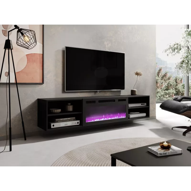 TV cabinet Cama Meble POLO 180x33x39 cm with electric fireplace 1400–1600 W, black, 2 shelves, laminate