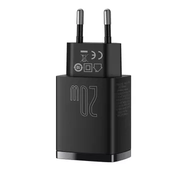 Indoor USB Fast Charger Baseus CCXJ-B01 — 2-port (USB-C PD 20W + USB-A QC3.0 18W), 100–240V, Black