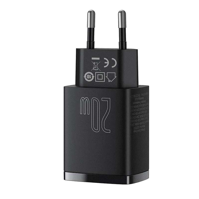 Indoor USB Fast Charger Baseus CCXJ-B01 — 2-port (USB-C PD 20W + USB-A QC3.0 18W), 100–240V, Black