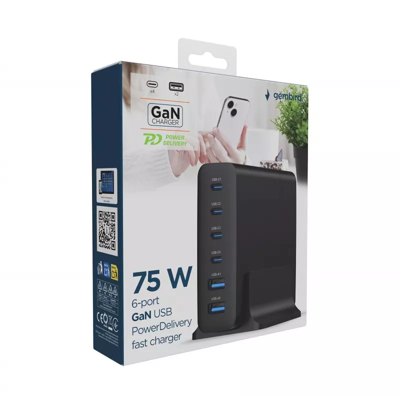 GEMBIRD mobile device charger TA-UC-2A4C-PD75-01-BK — 75W, 4× USB-C + 2× USB-A, PD & QC3.0, 6-device simultaneous, 1.5 m cable, black