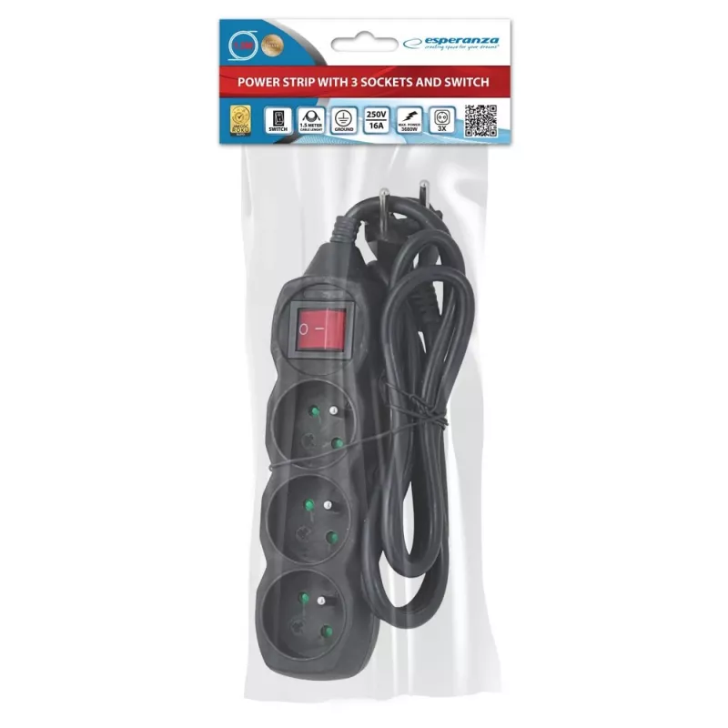 Power extension cord ESPERANZA ELK210K — 1.5 m cable, 3 Type E AC outlets, angled plug, indoor, black
