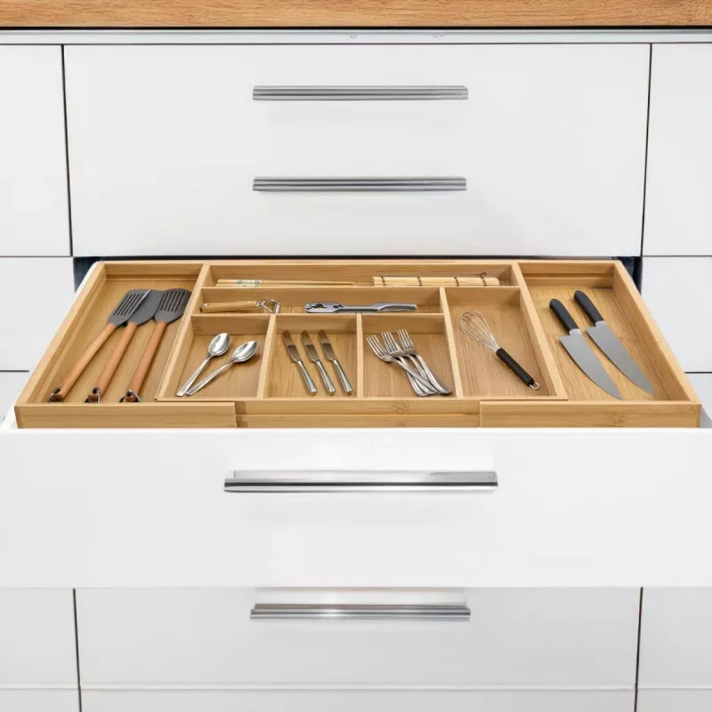 Cutlery drawer organiser GreenBlue GB379 bamboo insert with compartments, natural finish