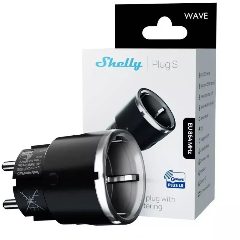 Smart plug Shelly Wave Plug S Z-Wave 800 Black — Z-Wave 800 smart outlet, 230V/12A, 2500W, power metering