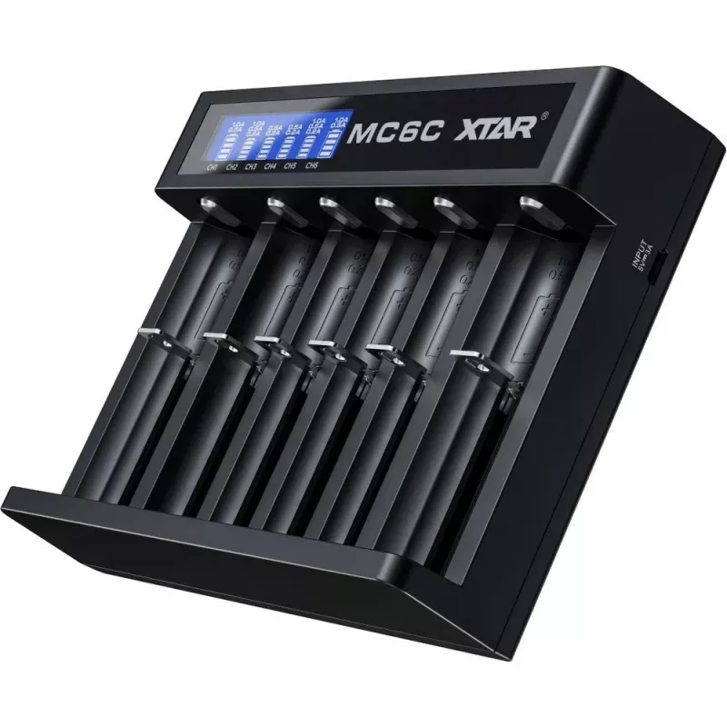 Battery charger XTAR MC6C multi-slot smart charger for cylindrical Li‑ion cells, 6‑bay, supports 18650/21700/AA, 5V input, black